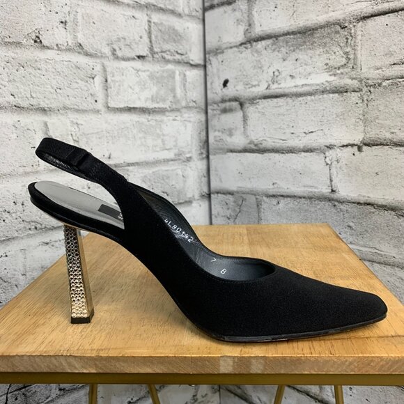 Stuart Weitzman Black Heels with Gold Accents - Picture 3 of 13